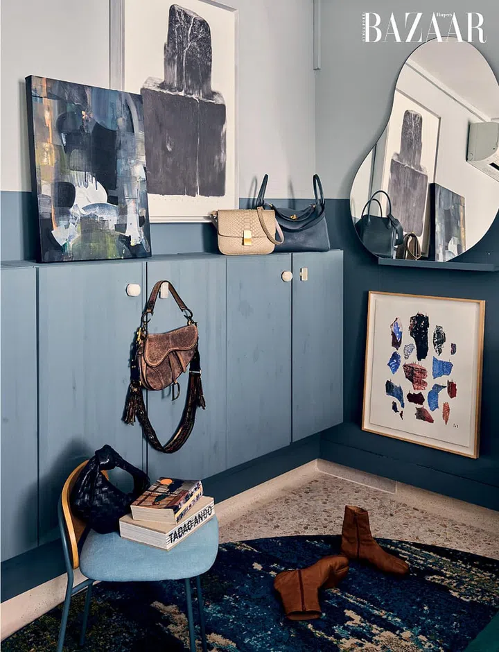 The artworks in his bedroom include (from left) Synergy by Inkten, Revêries by Junghee Yoo and The Last Voyage by Chen Shitong; which share the space with his bags from Bottega Veneta, Dior, CELINE and Hermès; and boots from Maison Margiela.