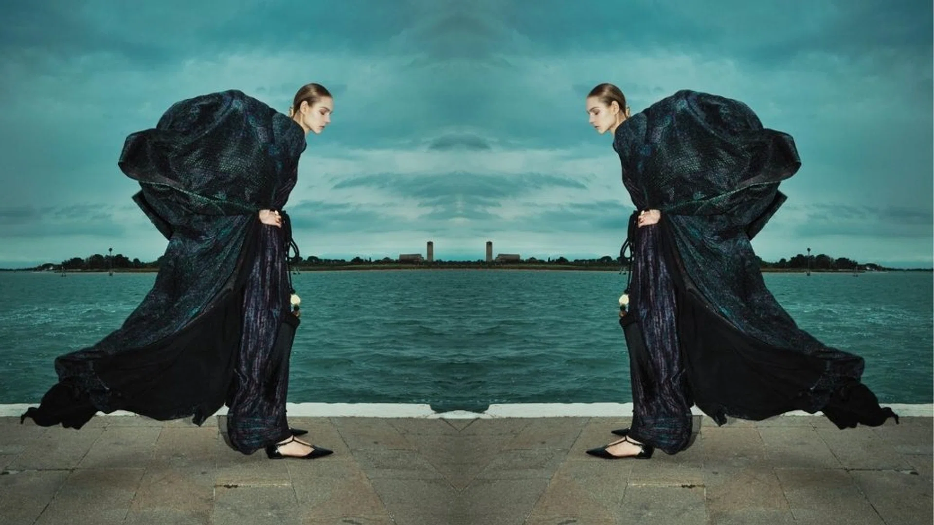 A photo collage of a model wearing a silk robe and a dress from Max Mara Resort 2025 shot in Burano island, Venice