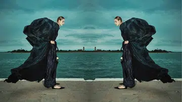 A photo collage of a model wearing a silk robe and a dress from Max Mara Resort 2025 shot in Burano island, Venice