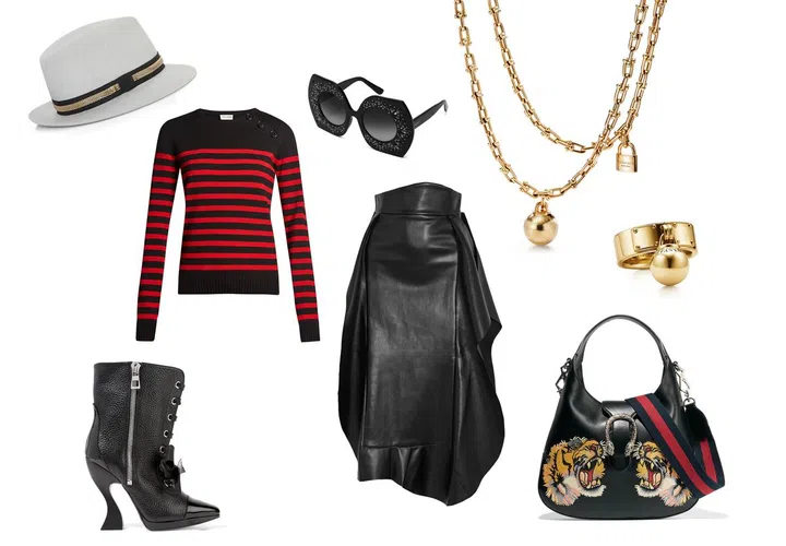 Hat, Lanvin. Top, Saint Laurent. Boot, Loewe. Sunglasses, Dolce &amp; Gabbana. Skirt, A.W.A.K.E. at Net-a-Porter. 18k yellow gold Tiffany Hardwear wrap necklace; 18k yellow gold Tiffany HardWear ball dangle ring, Tiffany &amp; Co. Bag, Gucci. 