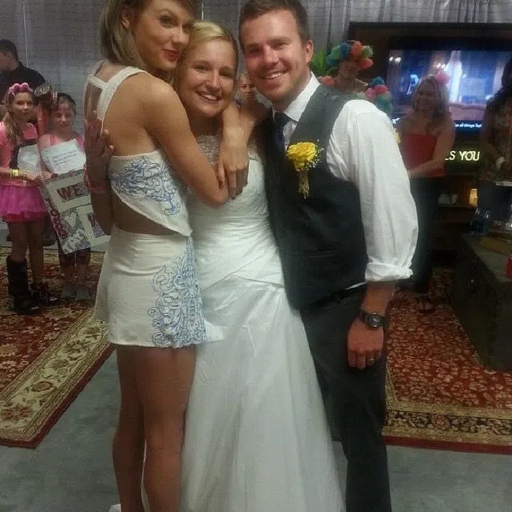 She may be a wildly famous superstar, but Taylor never loses touch with the fans that got her where she is today. One such example took place on Friday night at the Philadelphia concert of her "1989" tour.
Two mega-fans, Katy Harris and Chris Eisenmann, were married in the parking lot just prior to the concert. Still dressed in their wedding day best, the bride and groom headed into Lincoln Financial Field for the show. But the celebration was far from over.
Swift's mom Andrea noticed the newly knotted couple and pulled them aside to meet their pop idol. Naturally, a simple meet-and-greet just wouldn't do for the songstress who has made her fortune on real-life romances. Swift invited Harris and Eisenmann backstage where they hung out with, grabbed a couple hugs, Instagrammed a few photos, and basically had the best night ever as far as any Swiftie is concerned. STILL NOT ENOUGH! Swift put the icing on their wedding cake with a special "something blue": a handwritten poster with the note, "Katy and Chris, may we always remember this day."
