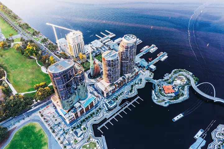 An aerial view of Perth’s buzzing Elizabeth Quay. 