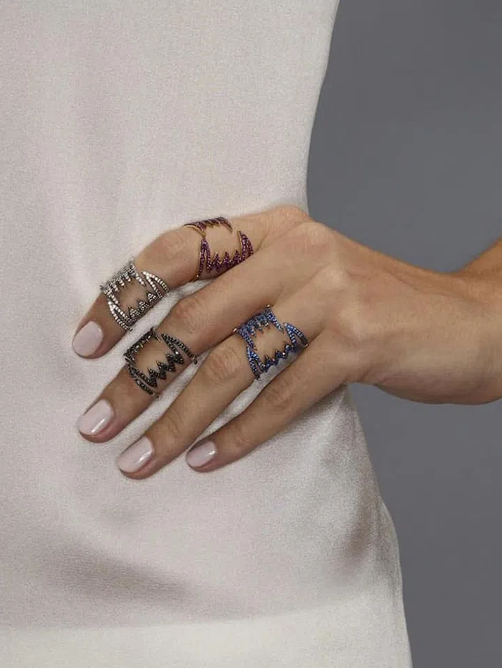 Singapore Jewellery Designer Carrie K's silver and gold plated Teeth Bling rings with cubic zirconia