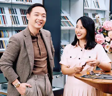 founders of delugs kenneth kuan chia pei qi wearing loro piana clothing presenting their watch collection