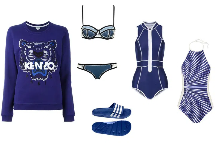 Sweatshirt, Kenzo. Bikini Set, TRIANGL. Sliders, Adidas. Swimsuit, La Perla