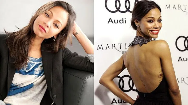 Saldana has stars tattooed on her wrist, ribcage and foot, as well as words in Arabic on her back and foot.