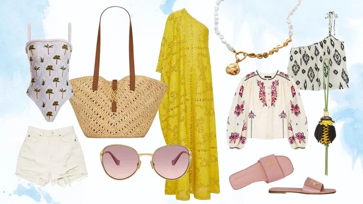 Clockwise from top: Swimsuit, about $879, Agua by Agua Bendita. Bag, $3,810, Saint Laurent by Anthony Vacarello. Dress, $9,700, Valentino. Necklace, $615, Monica Vinader. Top, $55.90, Zara. Top, about $1,047, Isabel Marant. Bag charm, $650, Loewe. Slides, $1,090, Burberry. Sunglasses, $660, Miu Miu. Shorts, $490, Acne Studios.