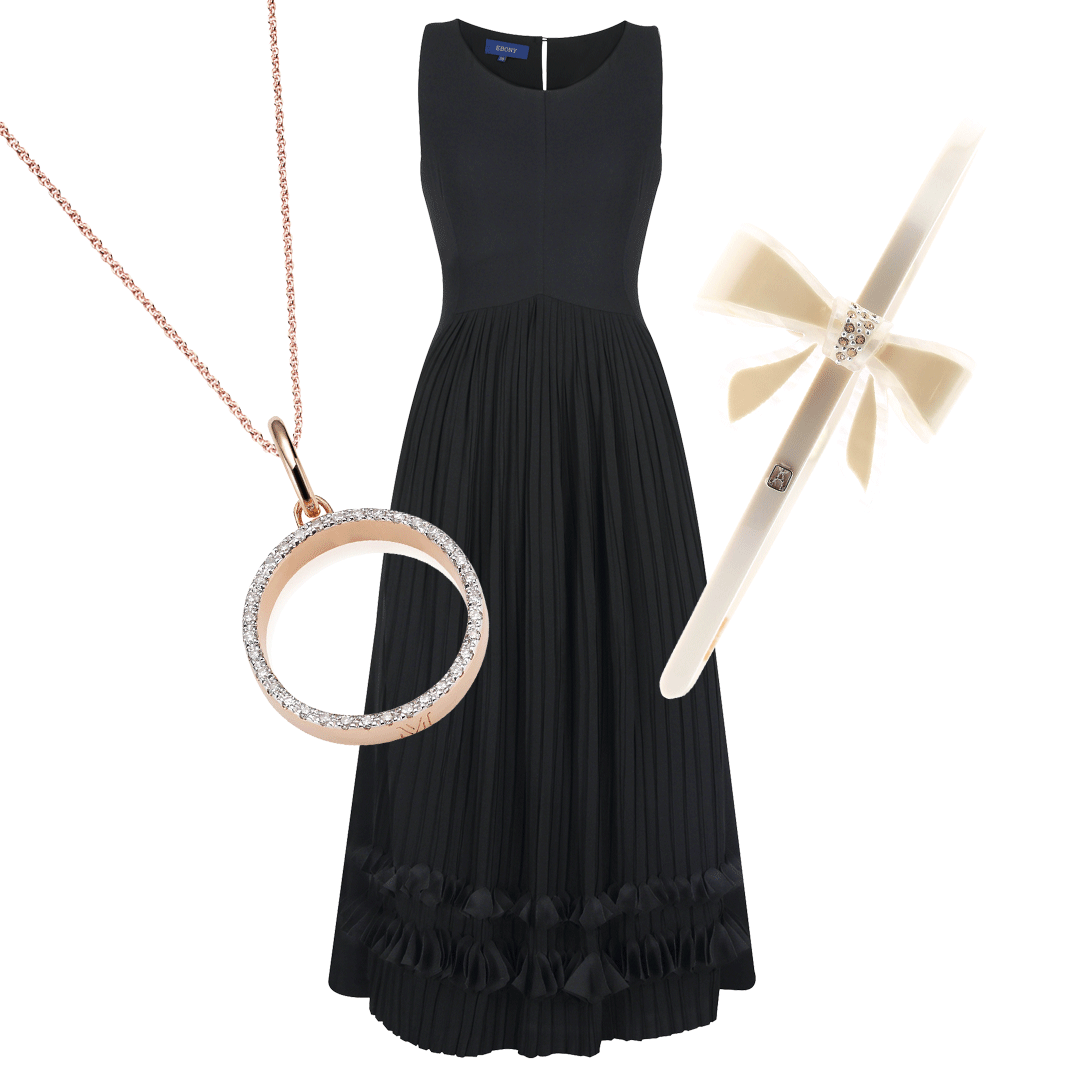 Naida Circle Open pendant, $470; rose gold fine chain, 
$95, Monica Vinader. Chiffon dress, $169, Ebony. Headband with Swarovski crystals, $215, Alexandre De Paris