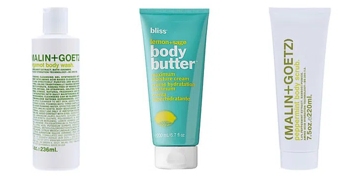 From left: Malin + Goetz Bergamot Body Wash, Bliss Lemon + Sage Body Butter, Malin + Goetz Peppermint Body Scrub. Photo: Courtesy of brands