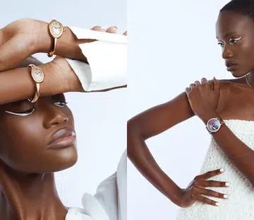 model wearing cartier baignoire watches boucheron diamond necklace jewellery watch