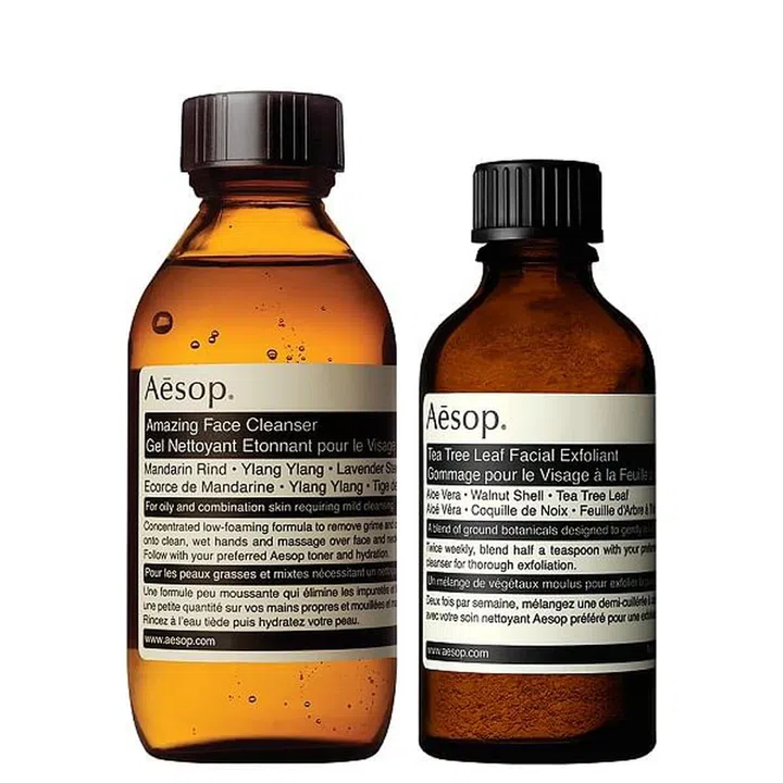 Amazing Face Cleanser, $41; Tea Tree Leaf Facial Exfoliant, $41, Aesop