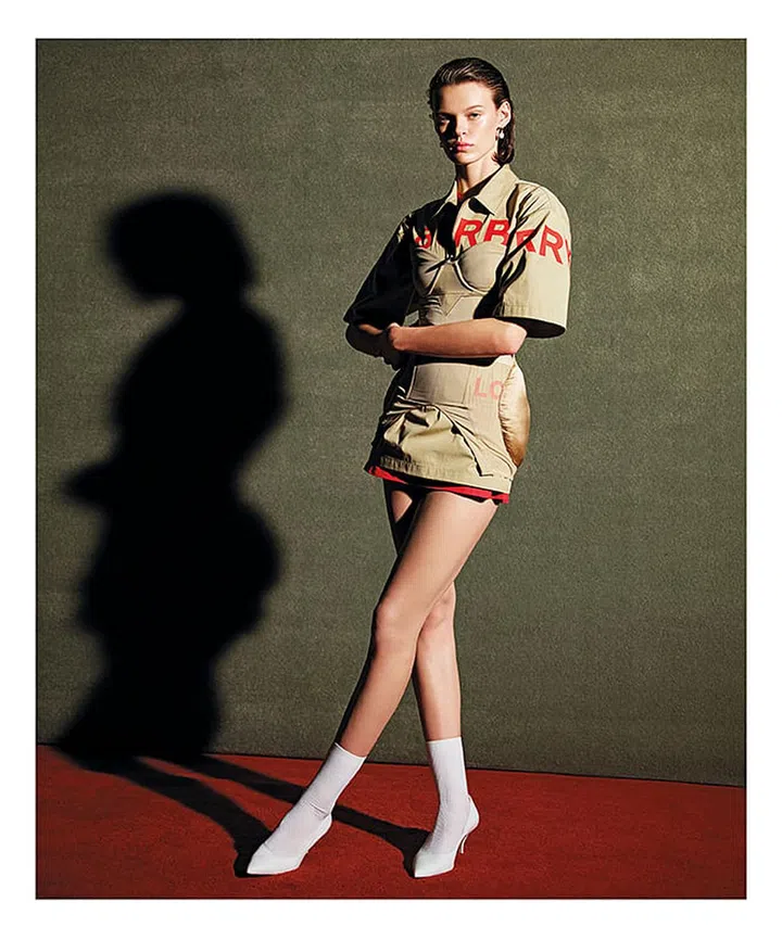Burberry corset, military shirt, T-shirt, and socks