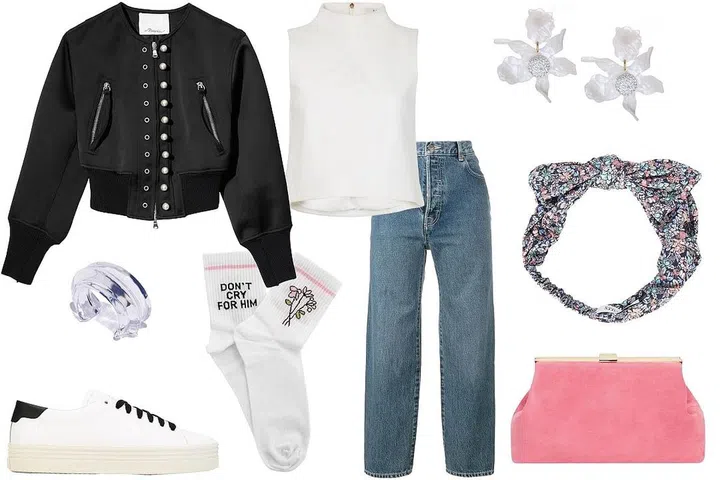 3.1 Phillip Lim jacket, $850, Tibi top, $195, Lele Sadoughi earrings, $198, Maison Michel headband, $395, Mansur Gavriel clutch, $495, Vetements jeans, $1,260, Yeah Bunny socks, $20, Saint Laurent shoe, $595, Lizzie Fortunato cuff, $195.