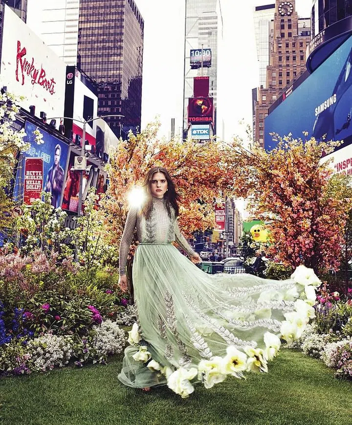 Hari Nef in Gucci gown, $35,000, top, $3,200, leggings, $3,980, earrings, $410, and sandals, $1,190, gucci.com. Photo: Alexi Lubomirski