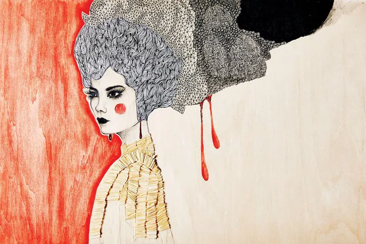 “Hera is inspired by the Greek Goddess of Women—strong, independent and calm. I wanted to infuse my Asian heritage into the artwork, so I added a stubbier nose and a red circular mark on her cheek that is very popular in Japanese art. I have always adored the idea of mixed media, especially to create a 3D textural surface in my works, and used masking tape to resemble an embroidered-like cape. I also referenced the style of a traditional Chinese opera character to create the work. ”