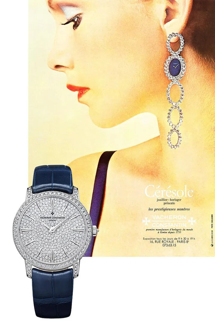 This clever Vacheron Constantin ad from the '70s shows a diamond watch being "worn" as an earring. (Everything was funkier back then!) The current collection features a manual-wind with 608 diamonds to create a glittering, disco ball effect that nods to the decade.

Traditionelle Small Model, USD46,900; vacheron-constantin.com