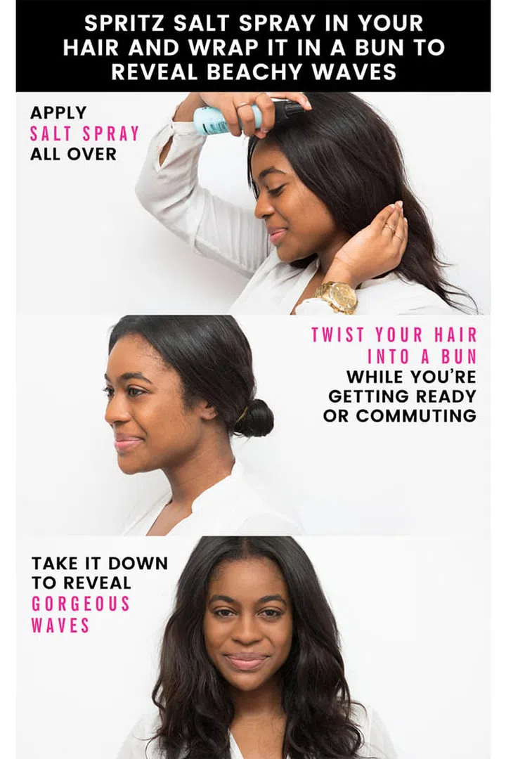 17. Get no-hassle beachy waves by spritzing your hair with salt spray, wrapping it up into a bun, and then unraveling it when you get to work. Instead of hating on your commute, use it to your advantage and let some salt spray, like Bumble and Bumble Surf Infusion, and heat from your head work together to create cool-girl beachy waves.