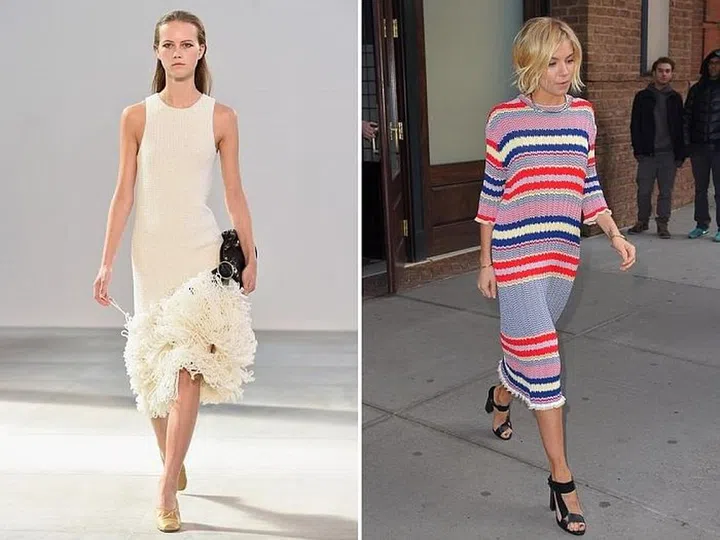 During her time at Céline, Philo managed to put a very stylish spin on the jumper dress. From the striped frock worn by Sienna Miller to those slinky knitted dresses with exaggerated hems, the jumper dress made its journey from casual to glamorous. Photo: Getty