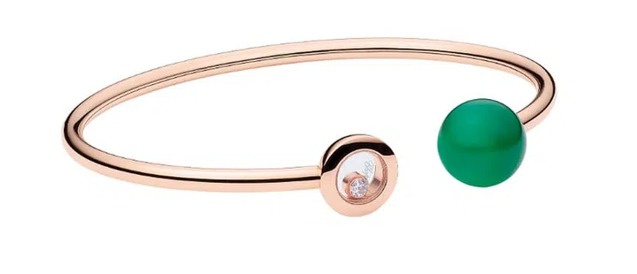 Ethical rose gold and diamond Happy Diamonds Planet cuffs with agate. Photo: Chopard