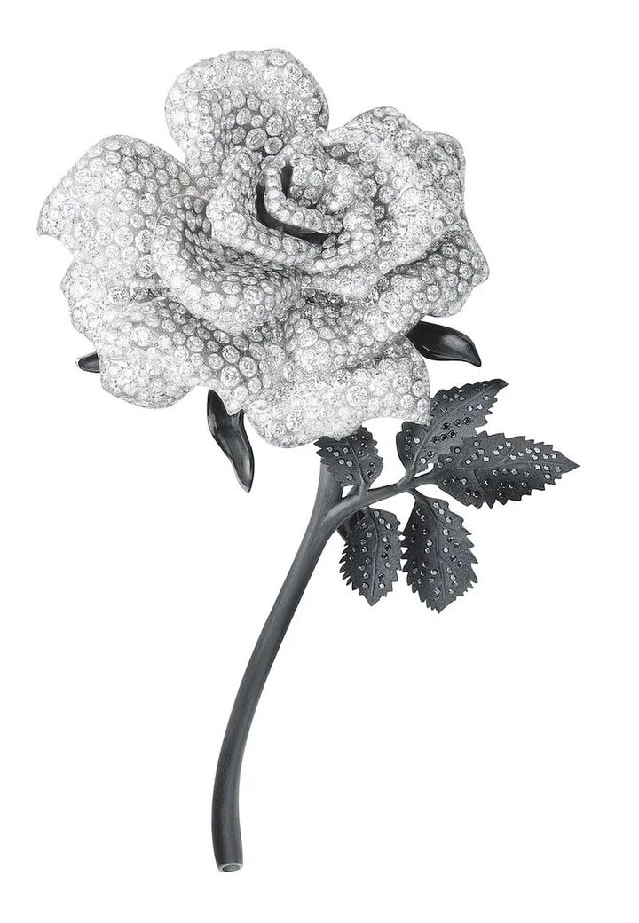 Ethical white gold, titanium, white diamond and black diamond Red Carpet Collection brooch. (Photo: Chopard)