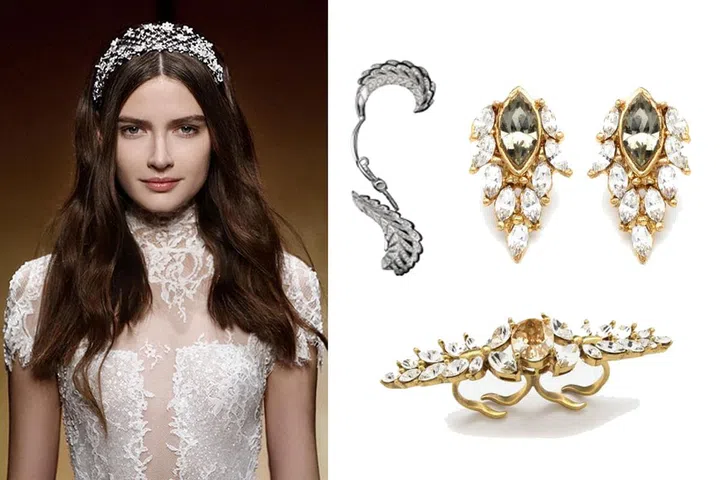 Clockwise from top left: Cartier Magicien white gold, black lacquer and diamond ear cuffs. 24K gold and silver-plated brass earrings with Swarovski crystals, as well as ring, from www.efratcassouto.com.