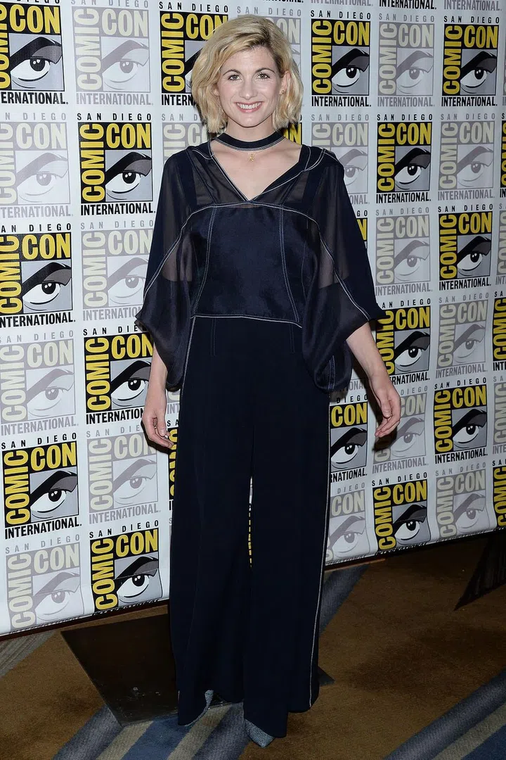 Jodie Whittaker in a Anna Valentine jumpsuit and Cornelia Webbjewellery for the Doctor Who photocall.
Photo: Rex