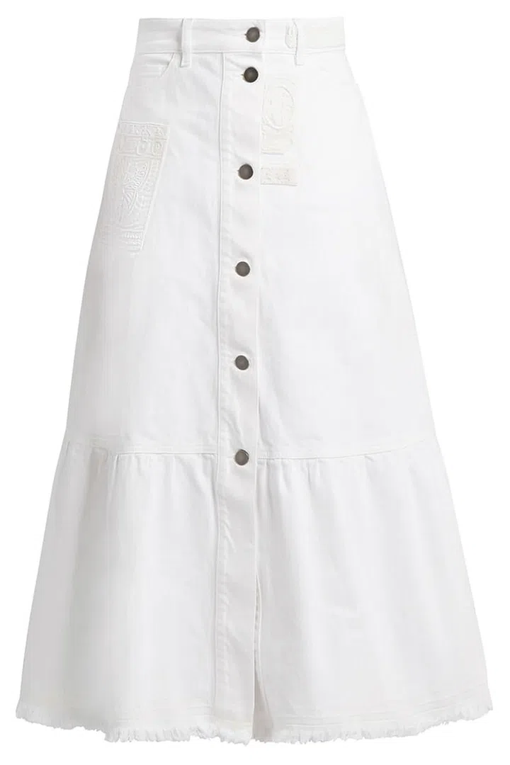 Wear with trainers and a high-necked blouse for a laid-back summer look.
Denim skirt, £1,329, Valentino at Matches Fashion