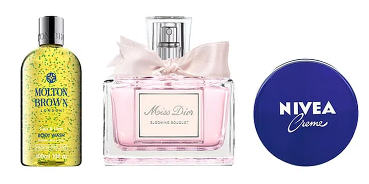 From left: Molton Brown Caju &amp; Lime body wash, Miss Dior Blooming Bouquet perfume, Nivea Creme body cream. Photo: Courtesy of brands
