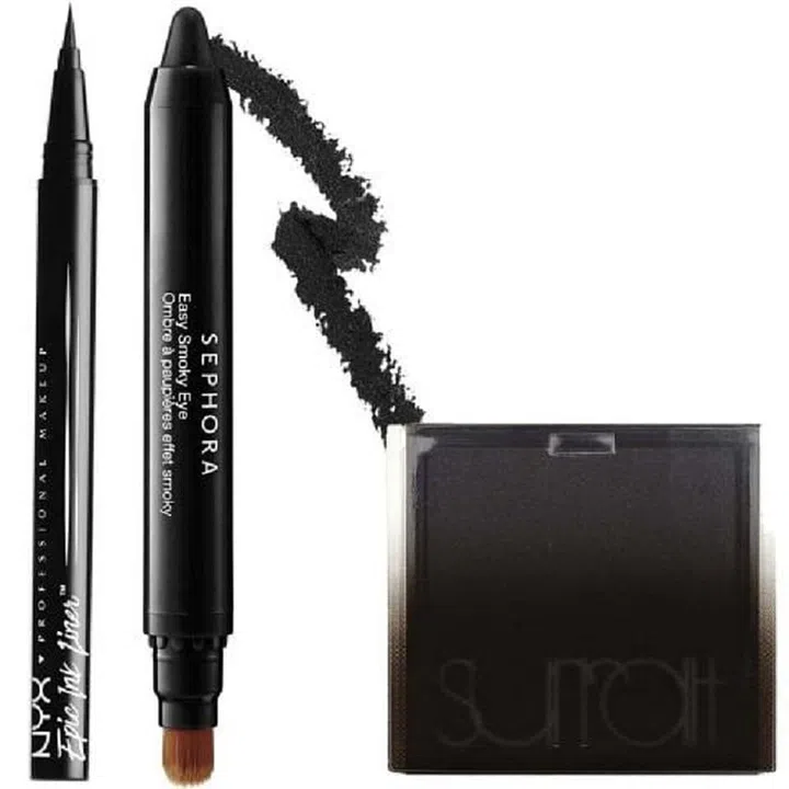 From left: NYX Epic Ink Liner in Black, $8, nyxcosmetics.com; Sephora Collection Easy Smoky Eye in Pitch Black, $14, sephora.com; Surratt Beauty Artistique Eyeshadow in Noir Le Plus Noir, $20, sephora.com