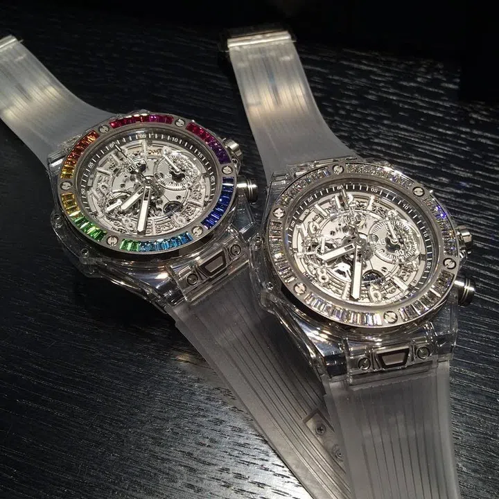 These gem-studded Big Bang Unico numbers bear silicone straps that are UV-treated to minimise discolouration