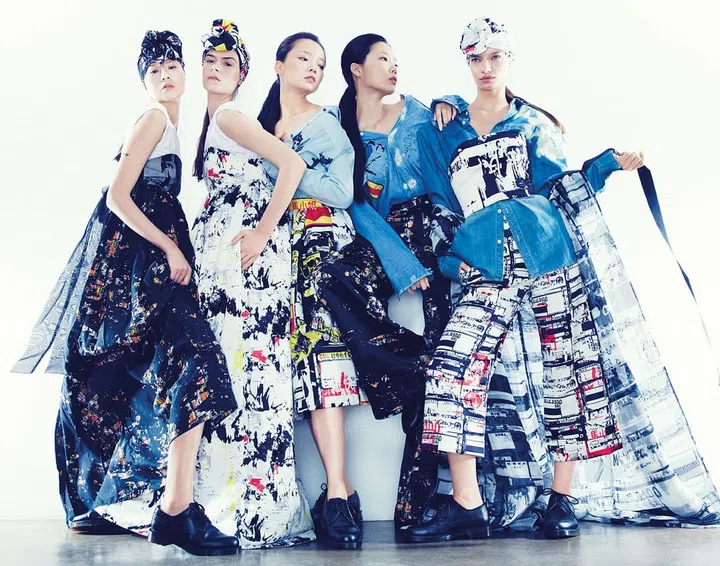 Digital prints of torn posters and stickers added an arty, deconstructed touch to the minimal shapes of Ng’s clothes, which are based on the traditional Korean hanbok. Clothes; accessories, Ng May Ee. Shoes, Dr. Martens