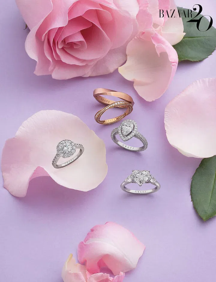 GRAFF SPIRAL COLLECTION: Rose gold ring; rose gold and pavé diamond ring, from $3,000. White gold and 1.01-carat pear-shaped diamond Constellation ring; white gold and 1.11-carat round diamond Icon ring; white gold and 2.01-carat heart-shaped diamond Promise ring. (Photo: Ching)