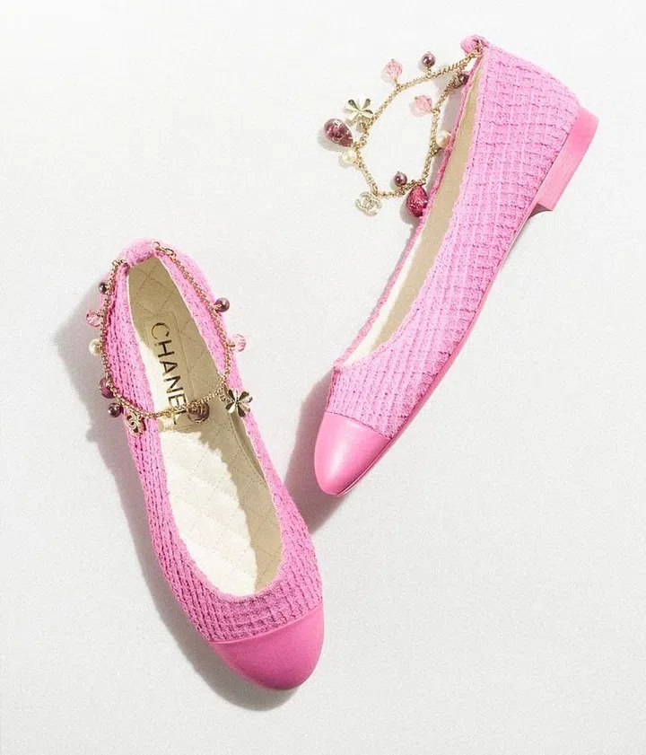 Cotton Tweed, Lambskin & Jewel Pink & Gold Flats, $2,160, Chanel
