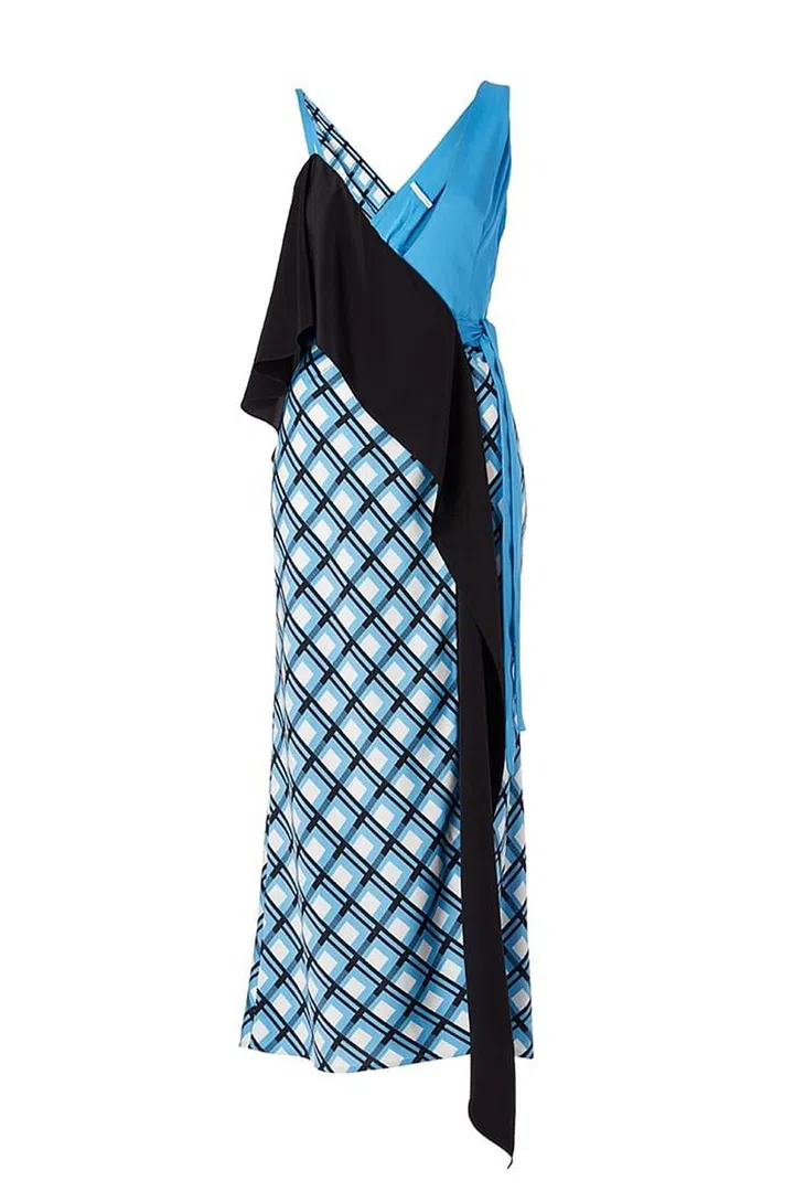 Jonathan Saunders updates the wrap dress with this blue check Diane Von Furstenberg look.