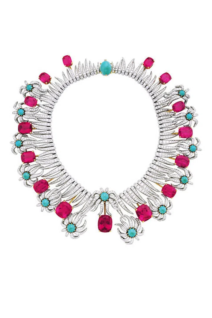 Carroll Petrie's rubellite and turqoise Hedges and Rows necklace, which shone bright on various black tie evenings. It sold for $905,000 at Christie's last year.