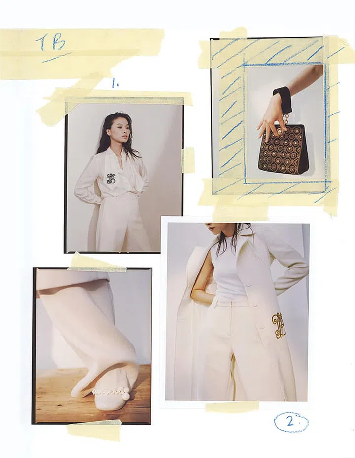 Clockwise from left: Blouse; pants; bag; coat; pants; coat; pants; shoes