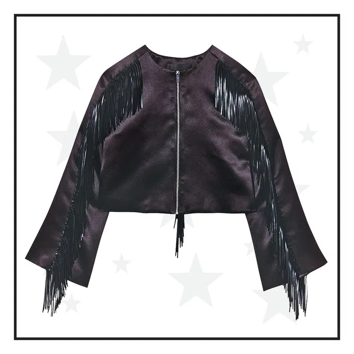 Swaying fringe will heighten every move as she dances the night away.