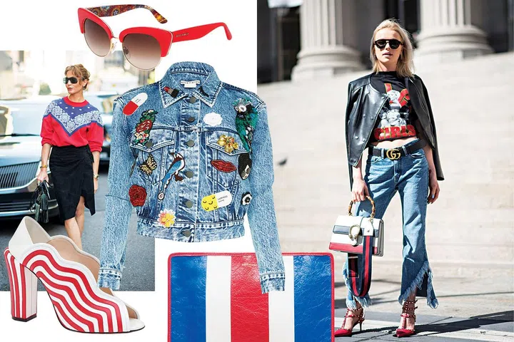 Real way: A vintage t-shirt and a classic bandana print are always a good idea | Get the look: Denim jacket, Alice+Olivia. Sunglasses, Dolce & Gabbana. Clutch, Balenciaga. Heel, Fendi.
