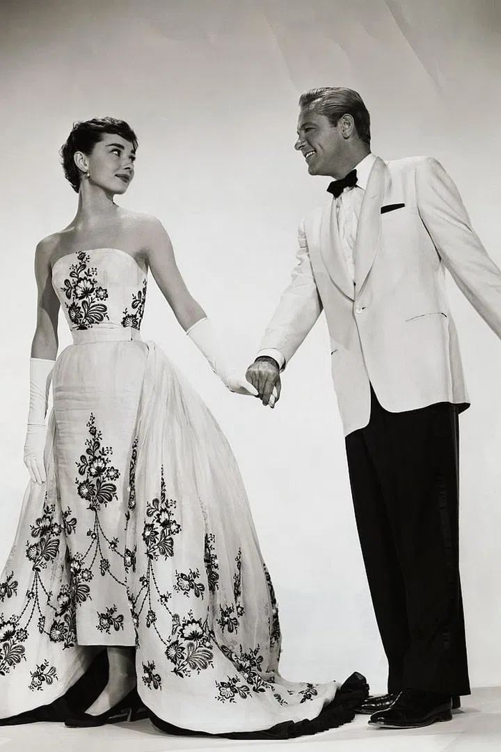 Hepburn in a custom white and black Givenchy gown in the film Sabrina.