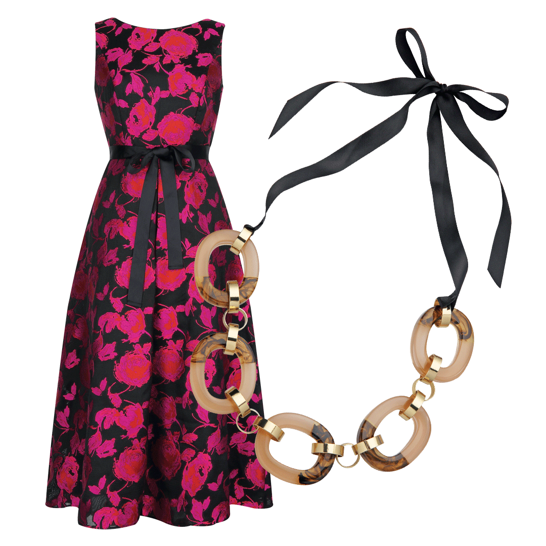 Jacquard dress, $259, Elita. Necklace, $39, Ebony