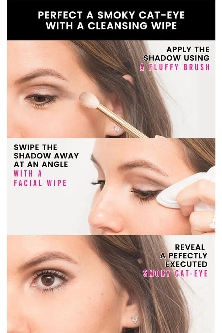 10. Use a makeup wipe to create a quick smoky cat-eye. The most effective way to create a smoky cat-eye is to apply your favorite shadow using a fluffy brush, extending it a bit beyond the outer corner of your eye. Then, take a makeup wipe and gently swipe away the shadow at the outer corner at an angle to reveal a precise winged smoky eye that looks like you spent a ton of time on it.