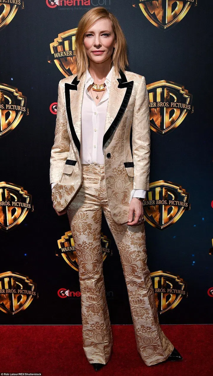 Blanchett wore a smartly-tailored Gucci brocade pantsuit to CinemaCon 2018 in Las Vegas.

Photo: Pinterest