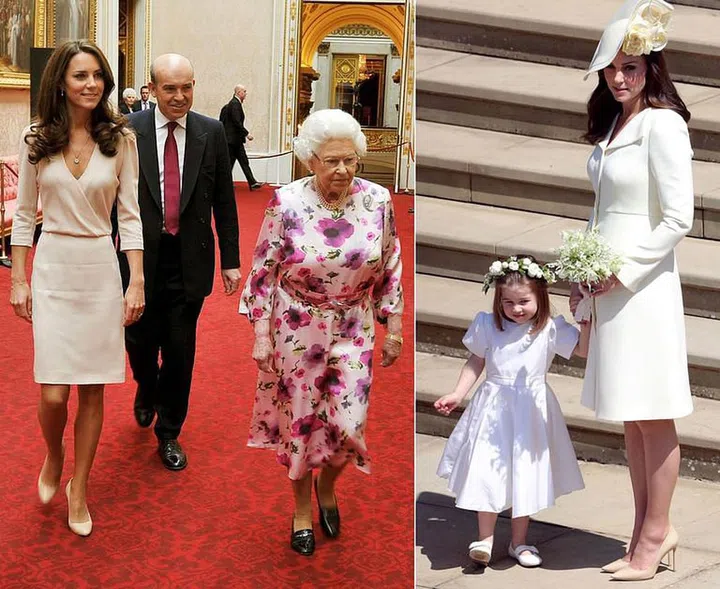 Left, Kate with the Queen in 2011. Right, at the Royal Wedding in 2018.
Photo: Getty