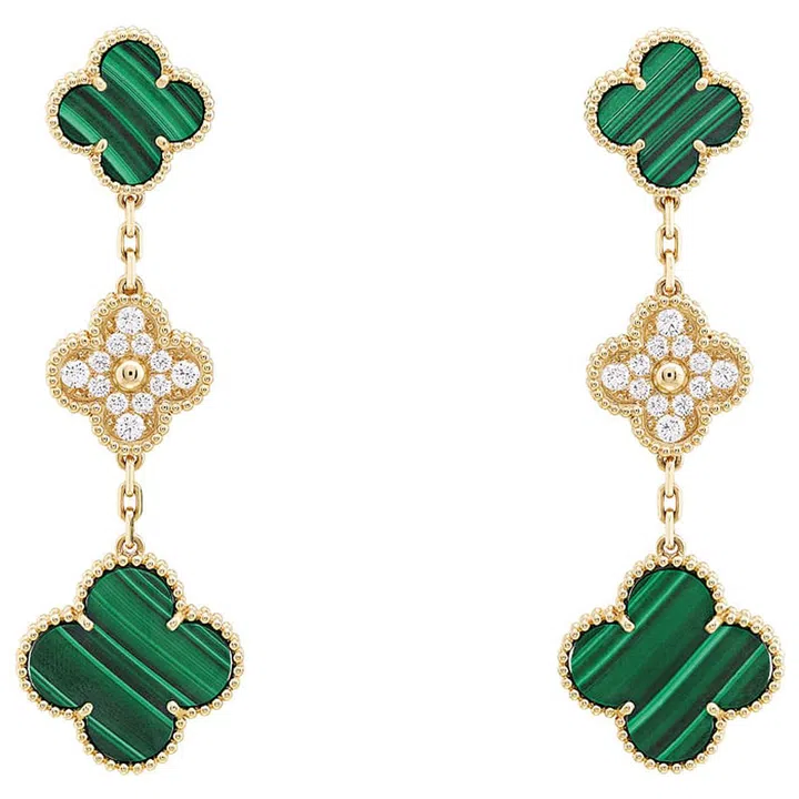 Gold, malachite and diamond Vintage Alhambra 3-motif earrings
