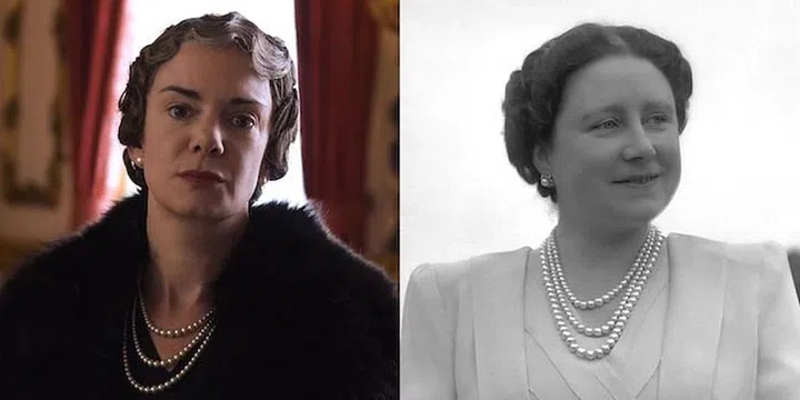 Queen Elizabeth's mother, also confusingly named Elizabeth, looks just like her real-life counterpart — down to the three strands of pearls adorning her neck.