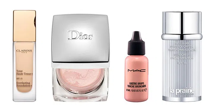From left: Clarins Everlasting Foundation, DiorSkin Nude Rose Powder, MAC Lustre Drops in Pink Rebel, La Prairie Transform Cream. Photo: Courtesy of brands