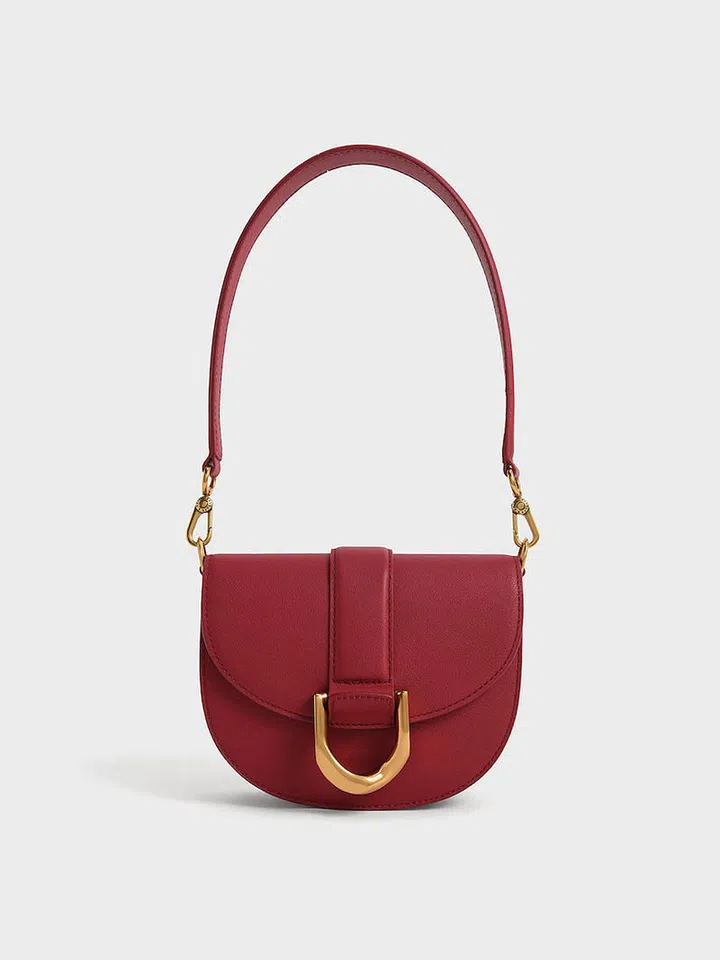 Mini Gabine Leather Saddle Bag - Red, $129.90, Charles & Keith