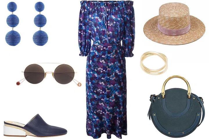 Rebecca de Ravenel earrings, $295, Saloni dress, $625, Lack of Color hat, $89, Maison Margiela ring, $1,140, Chloe bag, $1,550, Gabriela Hearst shoe, $650, Ahlem sunglasses, $470. 
