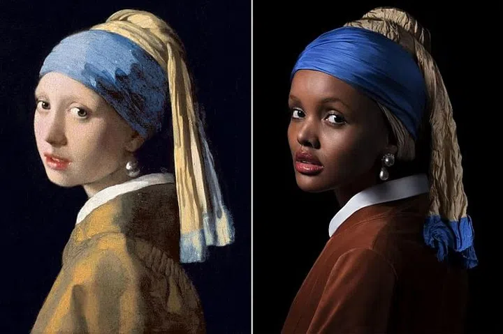 From left: Johannes Vermeer, Girl With a Pearl Earring, circa 1665-66; On Halima: Bottega Veneta jacket $4,250, and shirt, $550, bottegaveneta.com; Ellen Christine Couture turban, $350-$1,200, ellenchristinecouture.com. Cartier earring, price upon request, cartier.com. Photo: PARI DUKOVIC