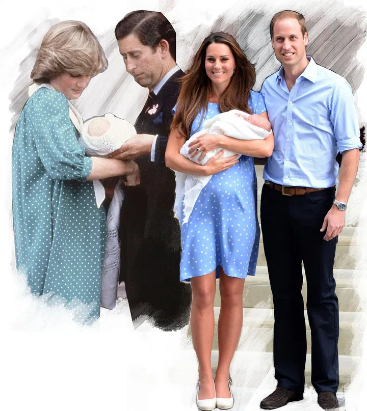 Diana and Charles present William on the day after his birth in 1982; Kate and William with Prince George on the day after his birth, 2013.